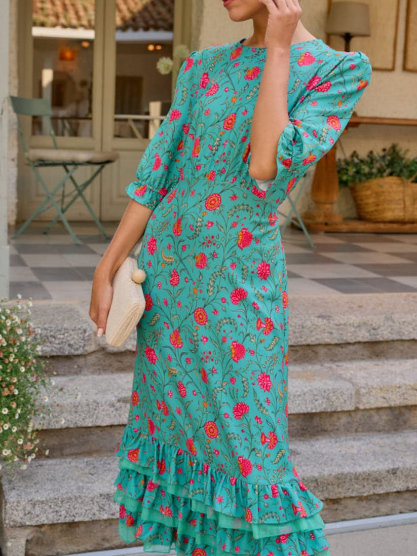 Floral Print In Turquoise Midi Dress – rosegals